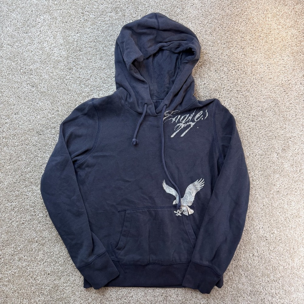 Y2K American Eagle Outfitters Hoodie Womens Medium Blue Fleece Graphic Pullover